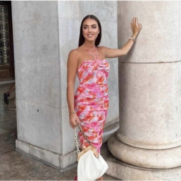 Zara Blogger Favorite Printed Tulle Floral Halter Sheer Dress, Pink Orange sz L - Picture 5 of 10